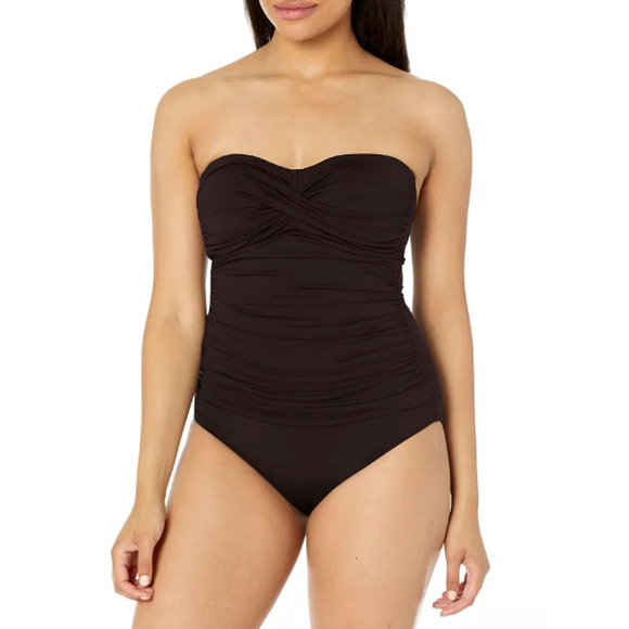 Anne Cole Black Shirred Twist Front One Piece Swimsuit Size 8 Halter Bandeau - Picture 3 of 9